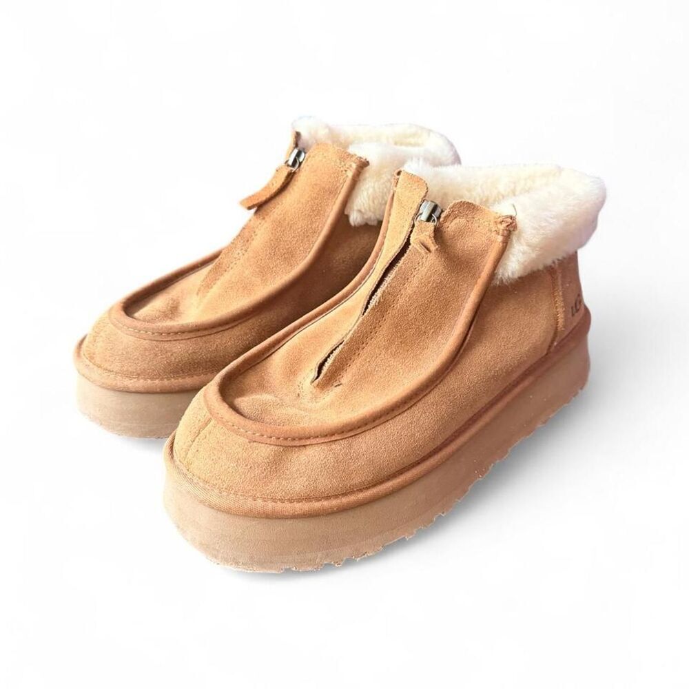 UGG Funkarra Zip Cuffed Platform Slippers Chestnut Suede Shearling Women’s 10